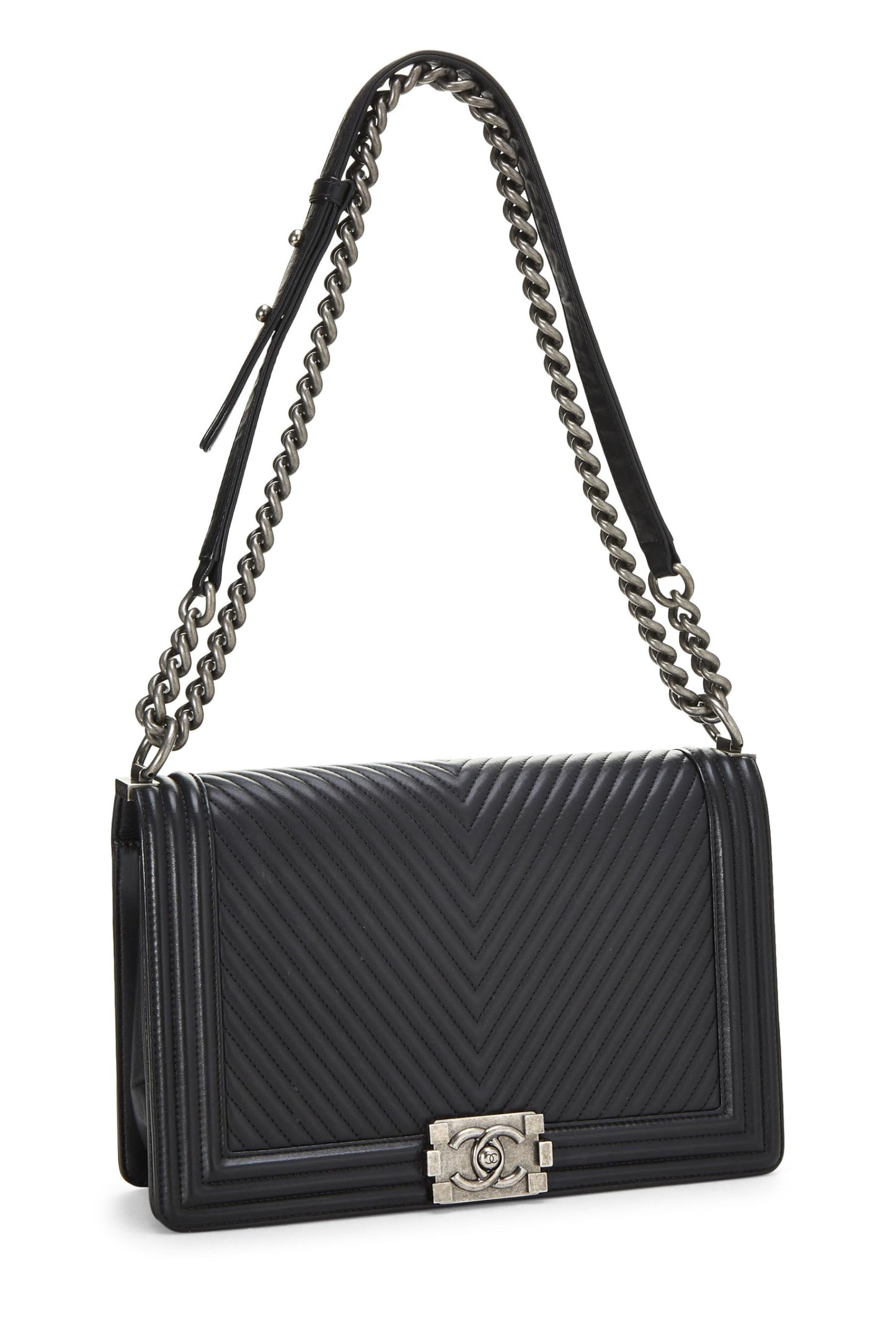 Chanel, Pre-Loved Black Chevron Calfskin Boy Bag Medium, Black