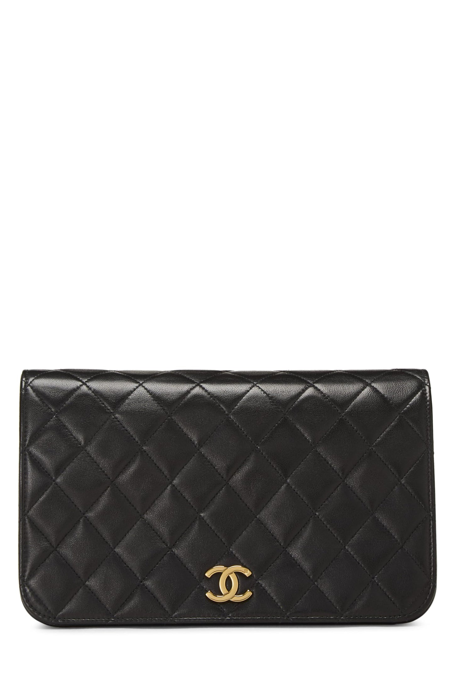 Chanel, Solapa completa con broche de piel de cordero acolchada negra Pre-Loved, Pequeña, Negro