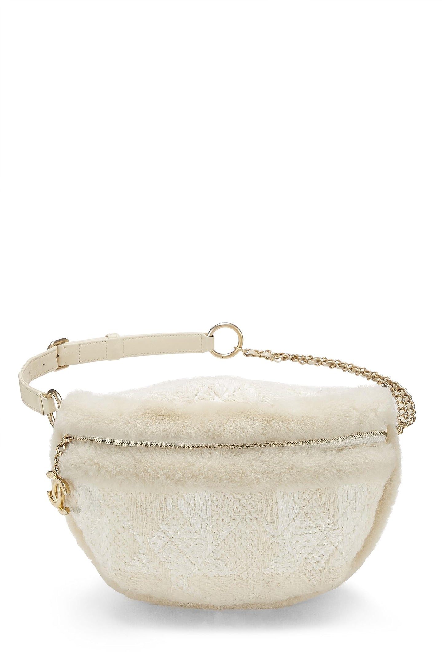 Chanel, Pre-Loved Ivory Tweed & Shearling Belt Bag, White