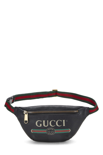 Gucci, Riñonera pequeña de cuero negro con logo estampado Pre-Loved, Negro