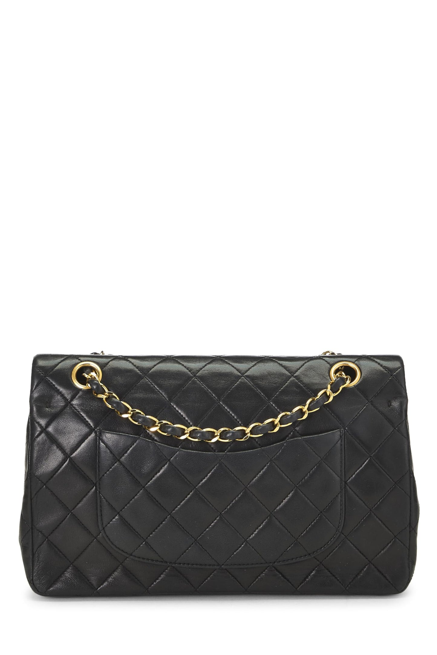 Chanel, Solapa doble clásica de piel de cordero acolchada negra Pre-Loved Mediana, Negro