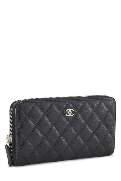 Chanel, Pre-Loved Black Quilted Caviar Zip Around Wallet, Black