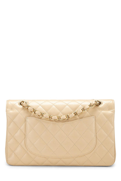 Chanel, sac à rabat double classique matelassé beige caviar d'occasion, taille M, beige