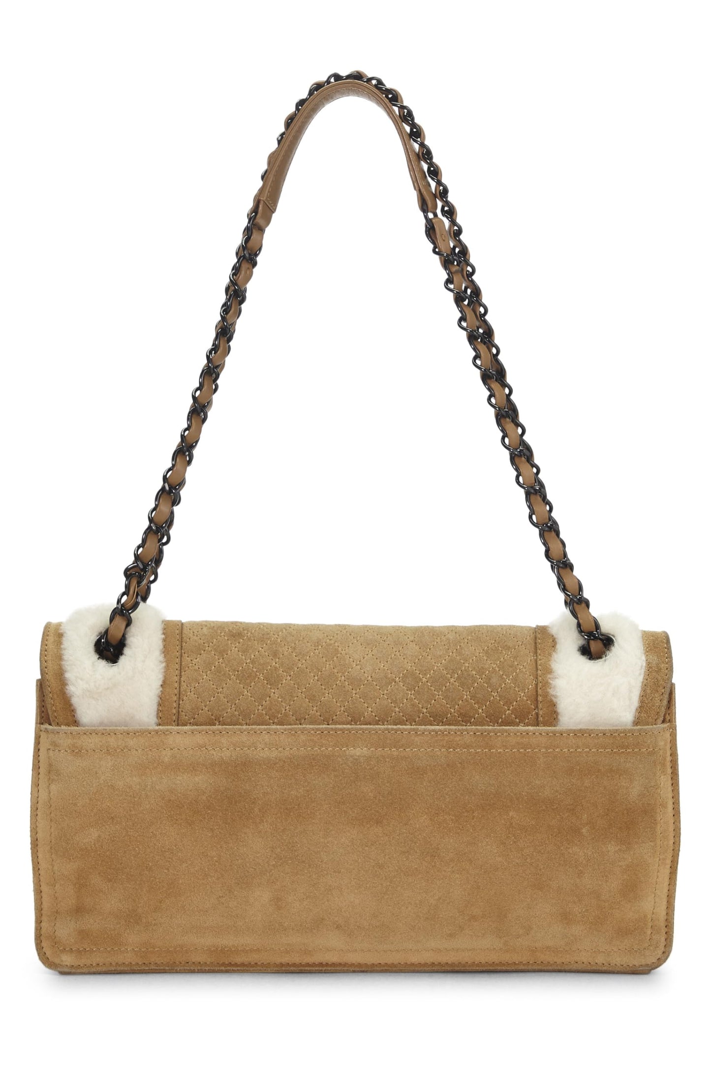 Chanel, sac à rabat en daim et peau de mouton marron d'occasion, taille moyenne, marron