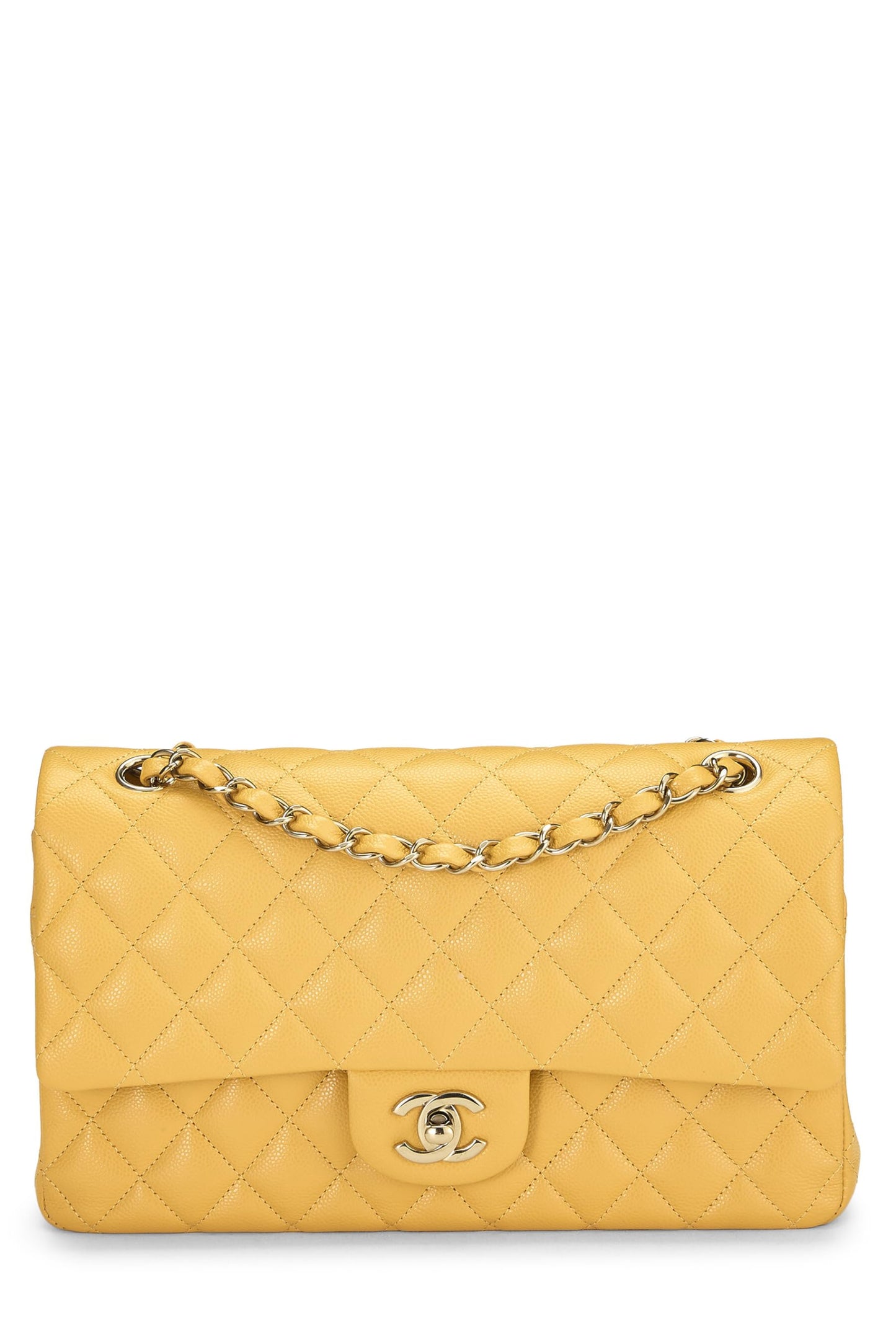 Chanel, sac à main matelassé jaune à double rabat classique de taille moyenne, jaune