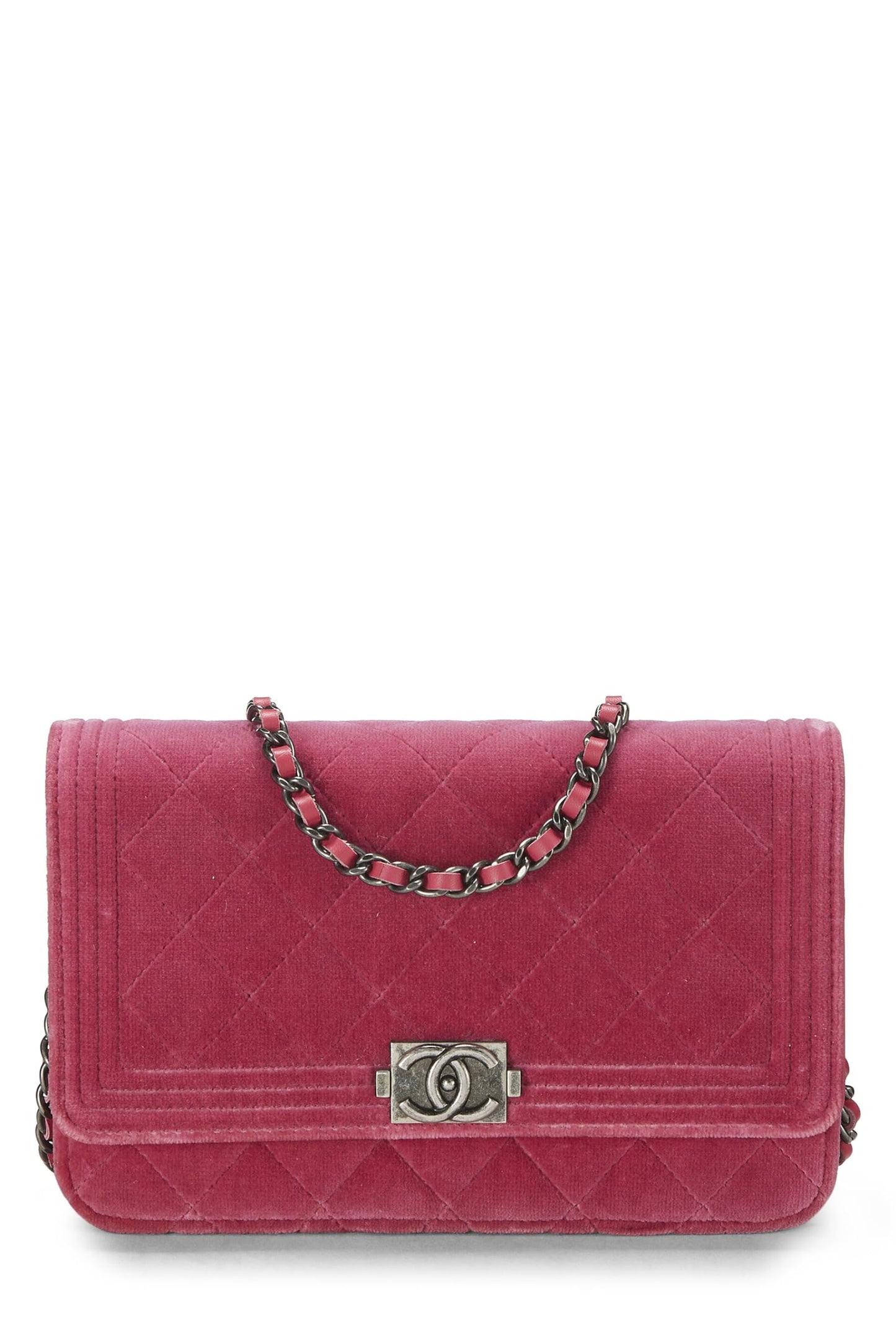 Chanel, Portefeuille Boy en velours matelassé rose sur chaîne d'occasion (WOC), rose