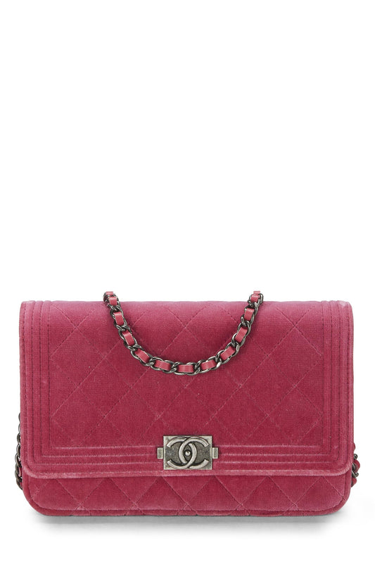 Chanel, Pre-Loved Pink Quilted Velvet Boy Wallet on Chain (WOC), Pink