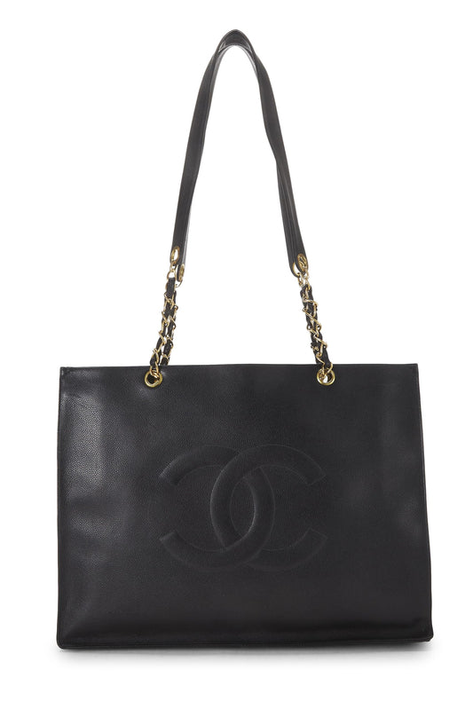 Chanel, grand sac fourre-tout à chaîne plate Black Caviar d'occasion, noir