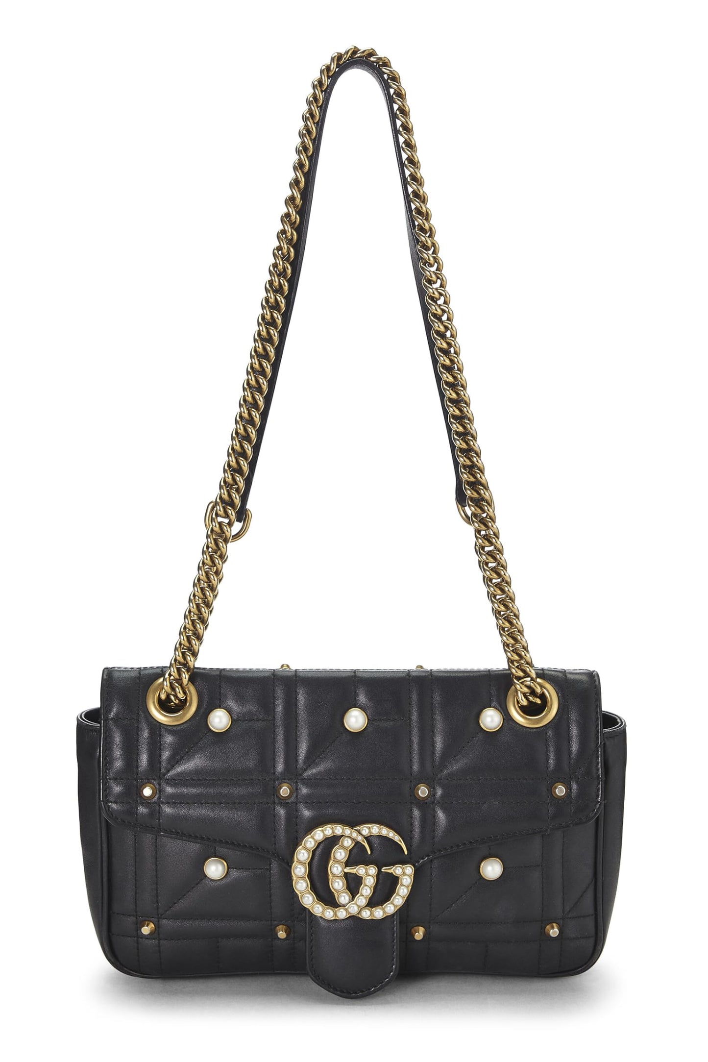 Gucci, Bolso de hombro pequeño GG Marmont de cuero negro y perlas de imitación Pre-Loved, Negro