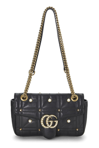 Gucci, sac à bandoulière GG Marmont en cuir noir et fausses perles, petit modèle, noir