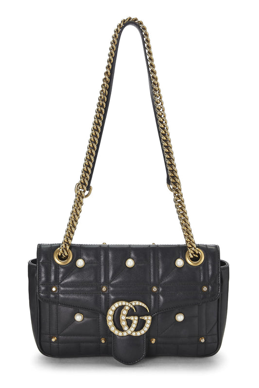 Gucci, Bolso de hombro pequeño GG Marmont de cuero negro y perlas de imitación Pre-Loved, Negro