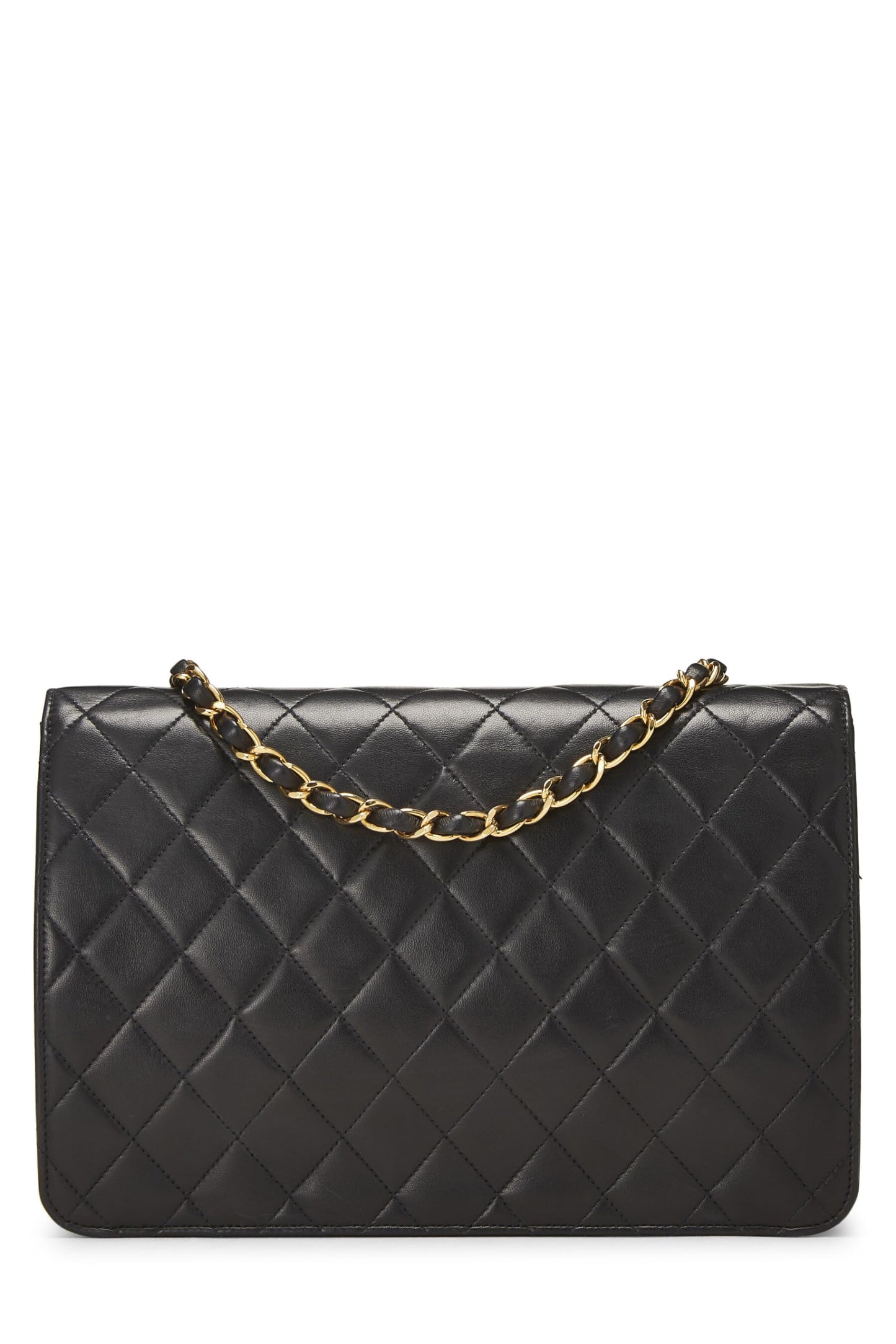 Chanel, sac à rabat matelassé en cuir d'agneau noir de taille moyenne, d'occasion, noir