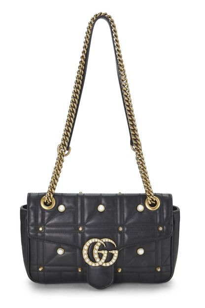 Gucci, sac à bandoulière GG Marmont en cuir noir et fausses perles, petit modèle, noir