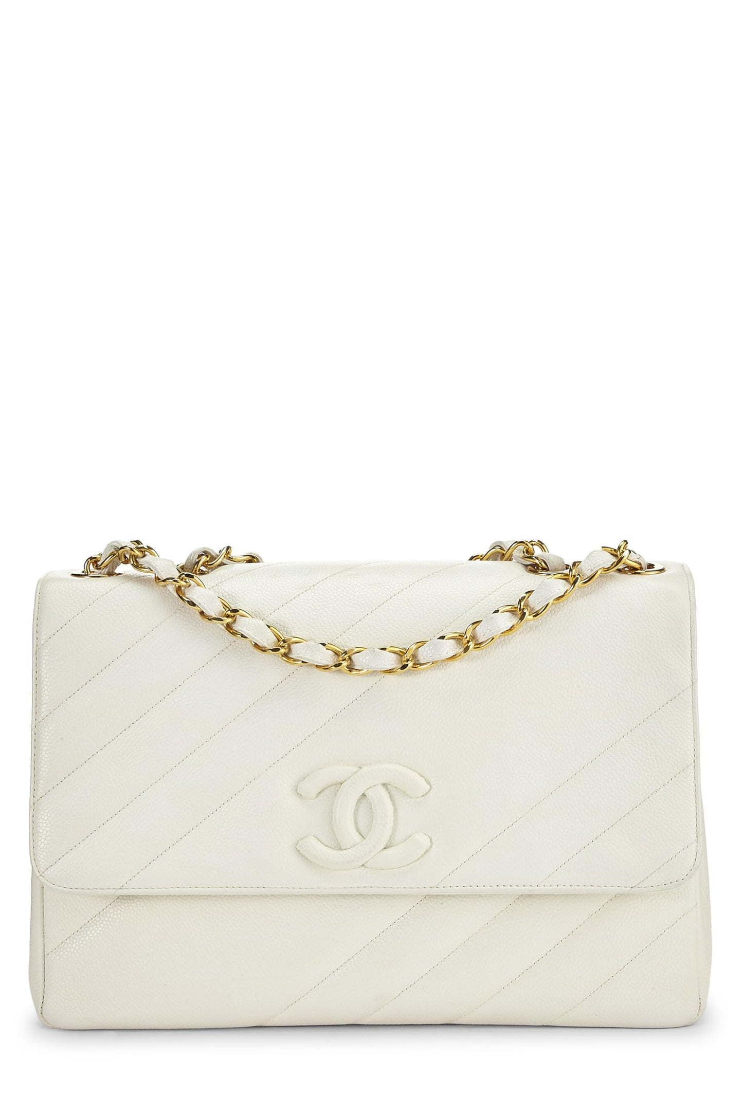 Chanel, Pre-Loved White Caviar Diagonal Flap Jumbo, White