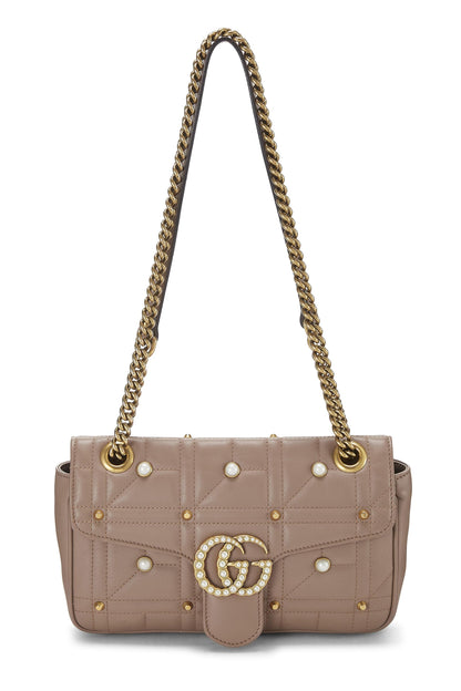 Gucci, sac à bandoulière GG Marmont en cuir beige et fausses perles, petit modèle, beige