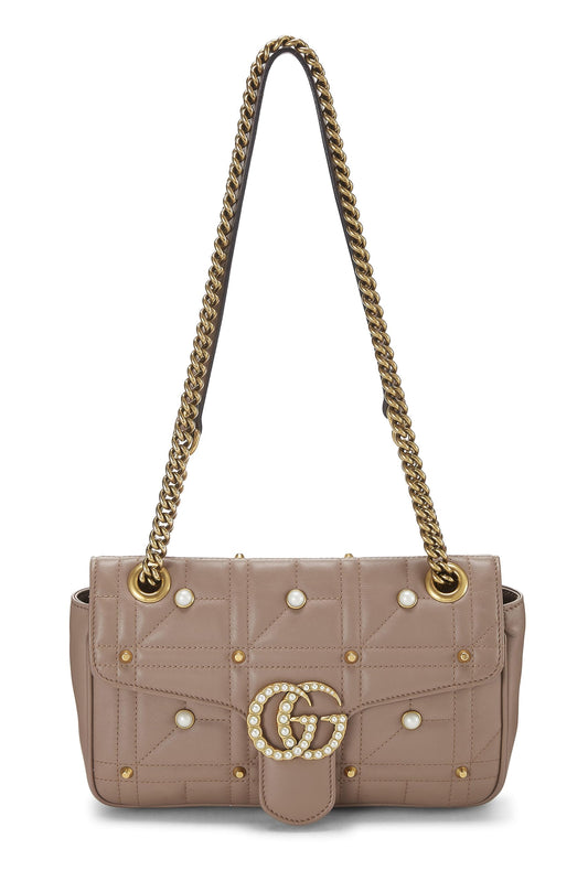 Gucci, Bolso de hombro pequeño GG Marmont de cuero beige y perlas de imitación Pre-Loved, Beige