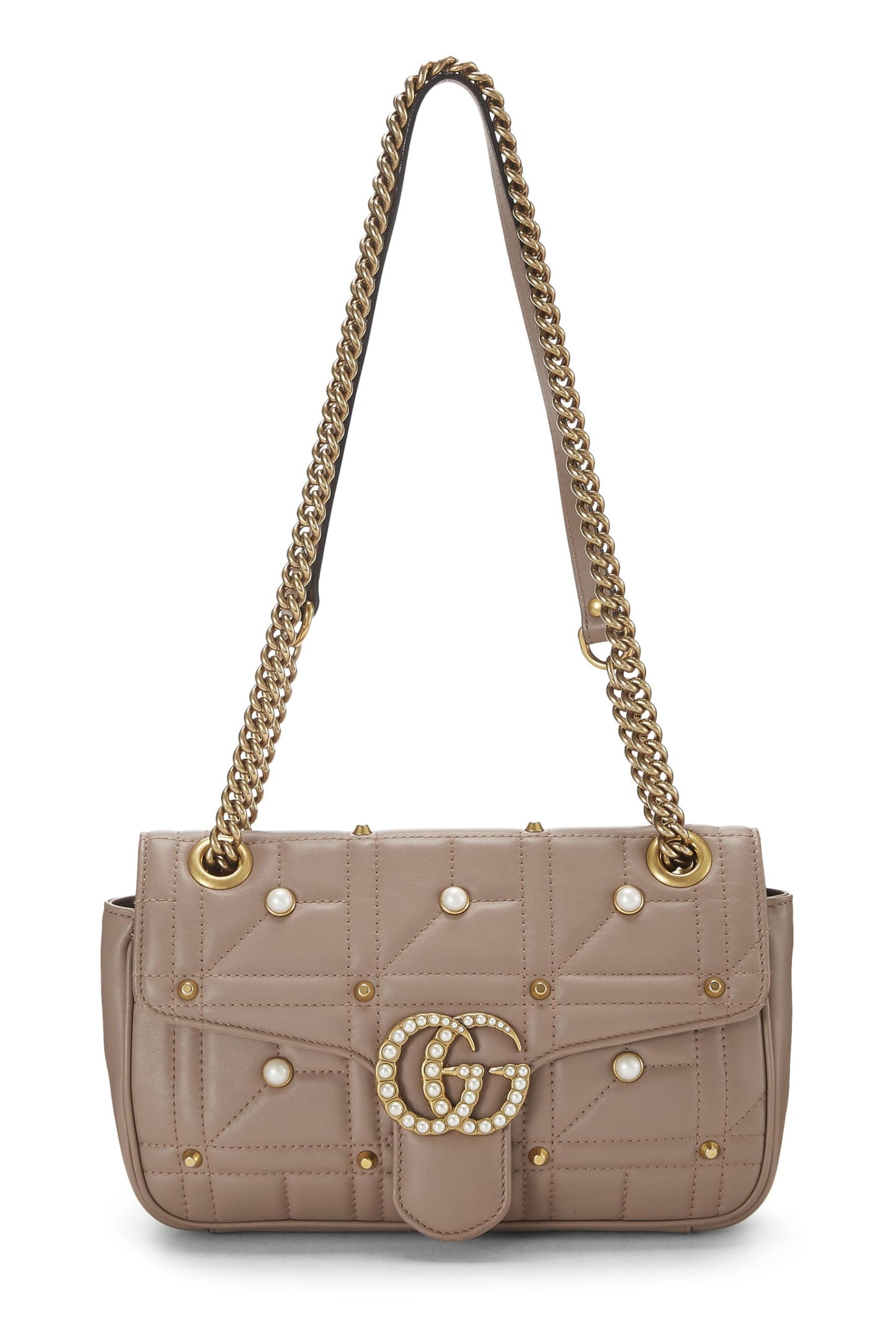 Gucci, Bolso de hombro pequeño GG Marmont de cuero rosa y perlas de imitación Pre-Loved, Beige