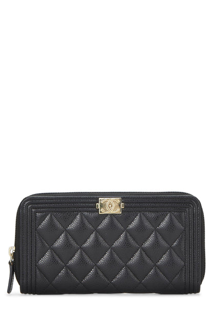 Chanel, portefeuille zippé matelassé noir Caviar Boy d'occasion, noir