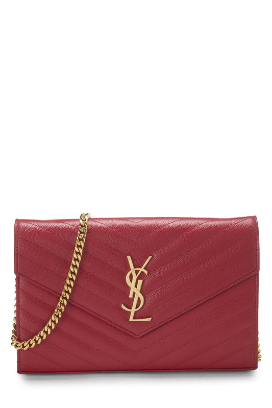 Yves Saint Laurent, Pre-Loved Red Grainy Leather Monogram Wallet On Chain (WOC), Red