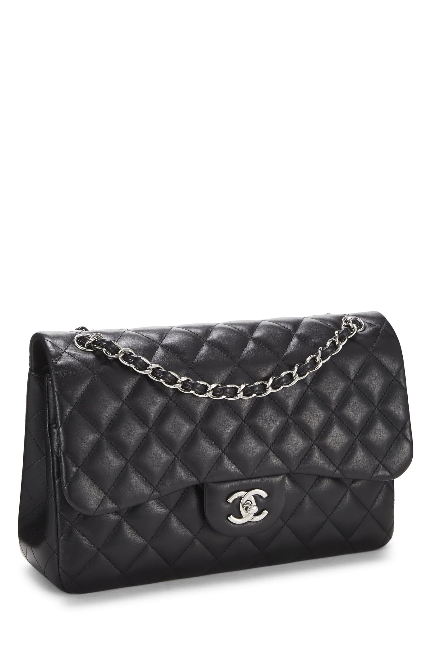 Chanel, Piel de cordero acolchada negra Pre-Loved New Classic Jumbo con doble solapa, Negro