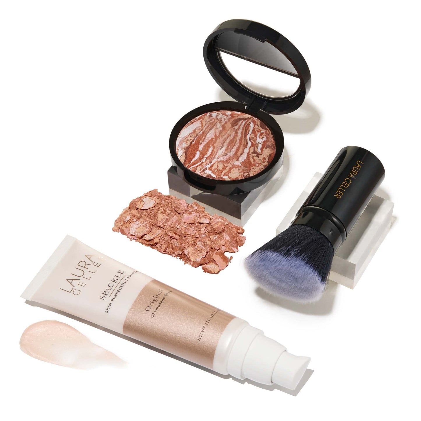 Kit Ready-n-Radiant de LAURA GELLER NEW YORK (3 pièces) - Baked Bronze-n-Brighten, base de teint perfectrice de peau super-format Medium + Spackle, éclat champagne + pinceau kabuki biseauté rétractable