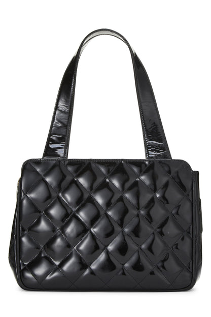 Chanel, sac à main en cuir verni matelassé noir d'occasion, petit modèle, noir