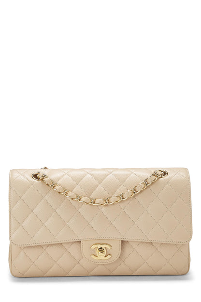 Chanel, Pre-Loved Beige Caviar Classic Doble Solapa Mediana, Beige