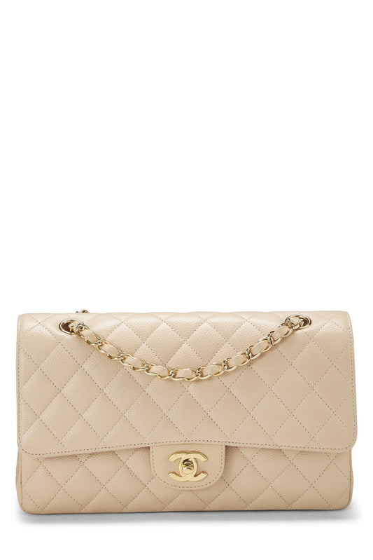 Chanel, sac à rabat double classique matelassé beige caviar d'occasion, taille M, beige