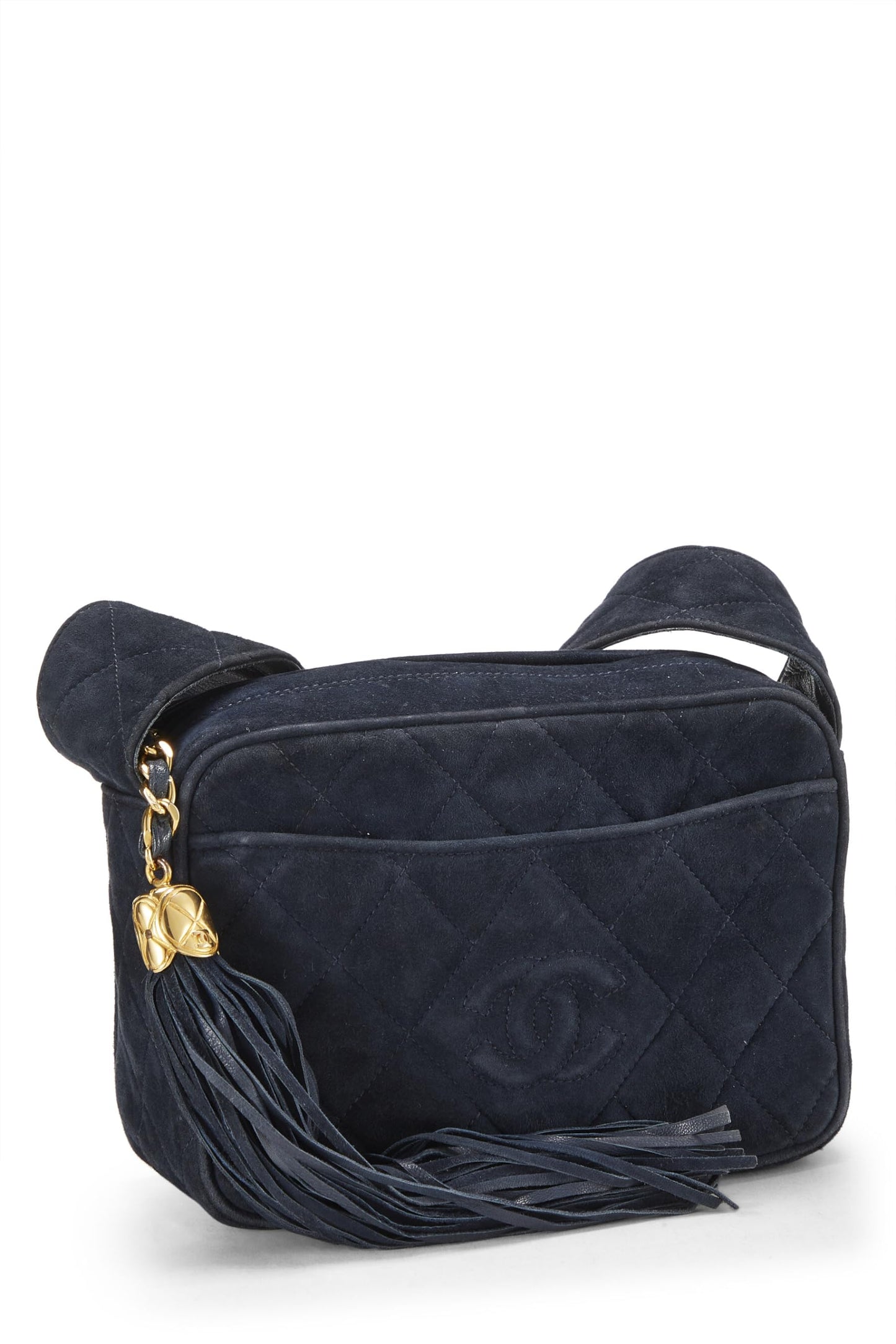 Chanel, Mini sac photo en daim bleu marine « CC » à diamants, d'occasion, bleu marine