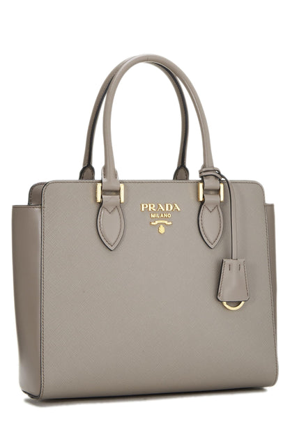 Prada, sac à main convertible en cuir Saffiano gris d'occasion, petit modèle, gris