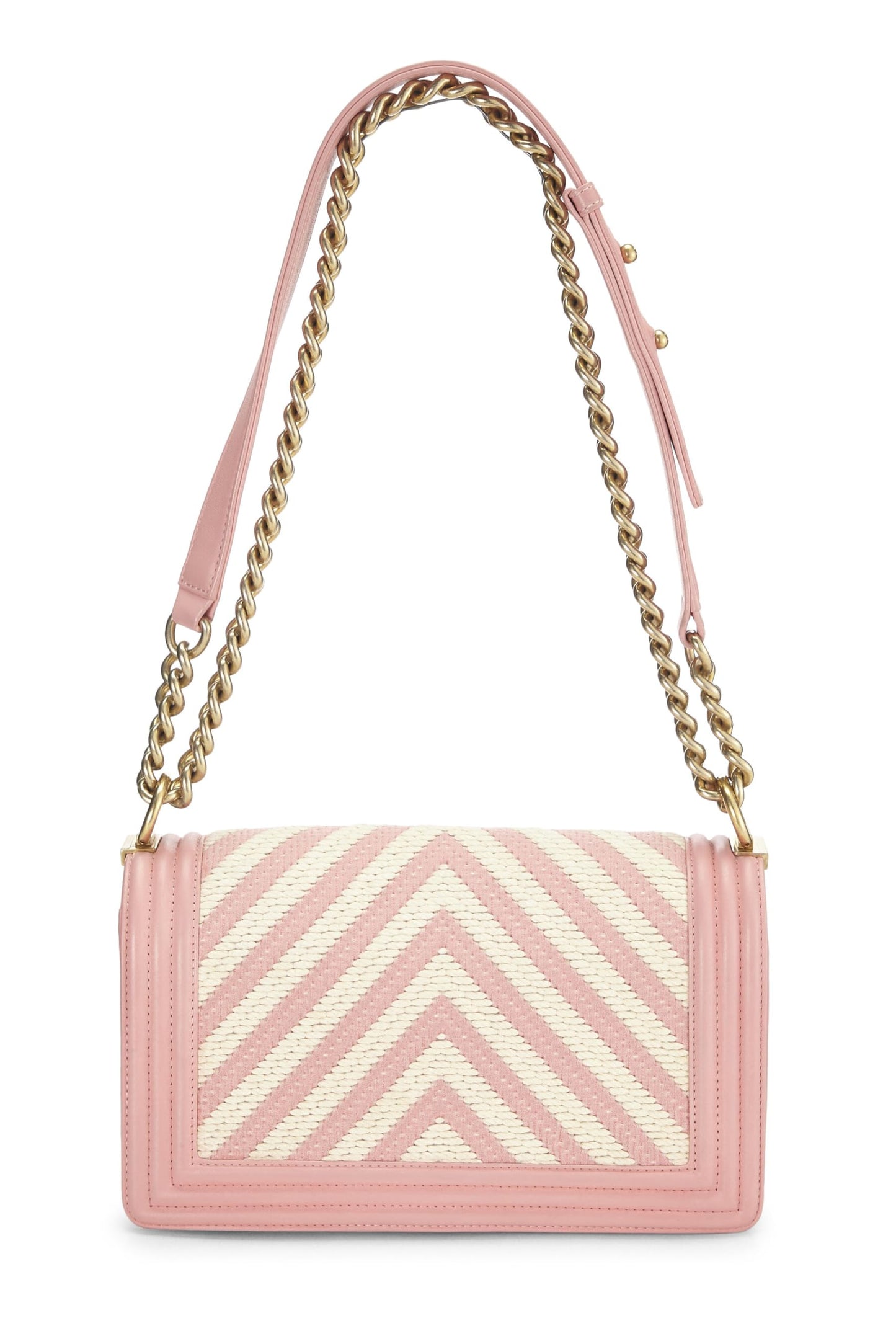 Chanel, Pre-Loved Pink & White Woven Chevron Boy Bag Medium, Pink