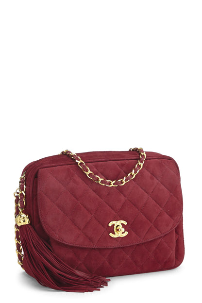 Chanel, sac pour appareil photo de poche matelassé en daim rouge d'occasion de taille moyenne, rouge