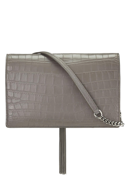 Yves Saint Laurent, Pre-Loved Grey Embossed Leather Kate Tassel Wallet-On-Chain (WOC), Grey