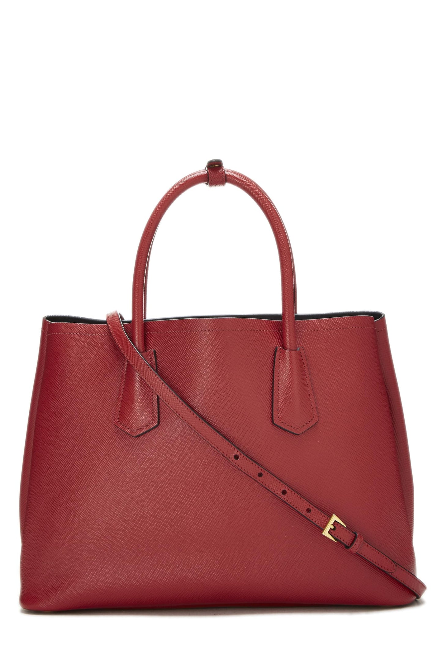 Prada, sac fourre-tout double taille moyenne en cuir saffiano rouge d'occasion, rouge