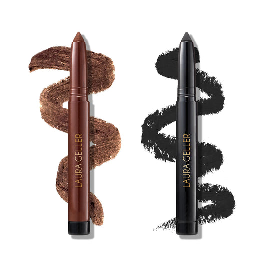 LAURA GELLER NEW YORK Kajal Longwear Kohl Eyeliner Pencil Duo - Dark Brown + Soft Black - Smooth, Blendable Liner - Infused with Caffeine