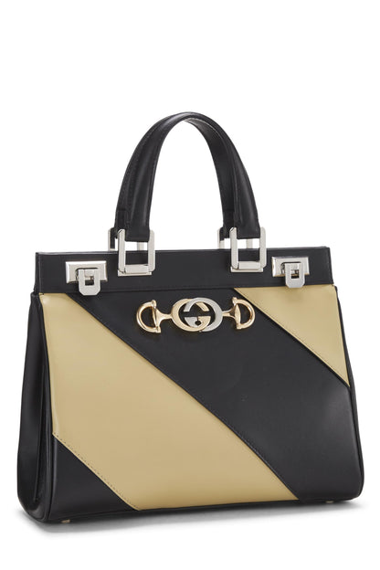 Gucci, sac à main Zumi en cuir noir et beige d'occasion, petit modèle, multicolore