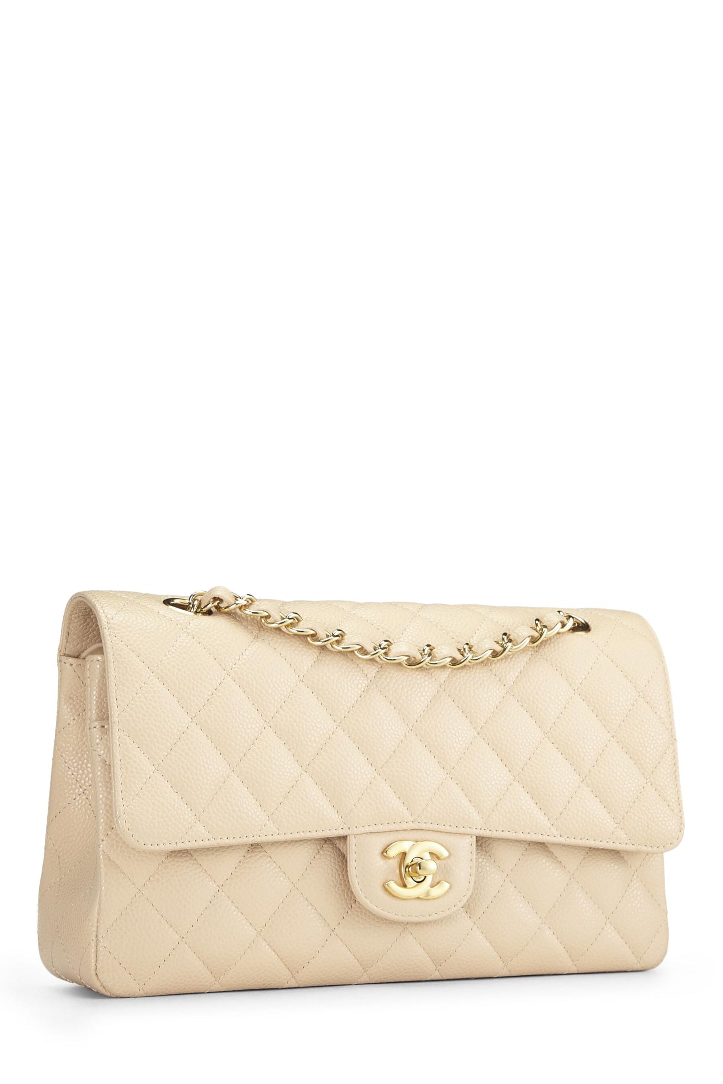 Chanel, sac à main classique à double rabat en cuir d'agneau matelassé beige d'occasion, taille M, beige