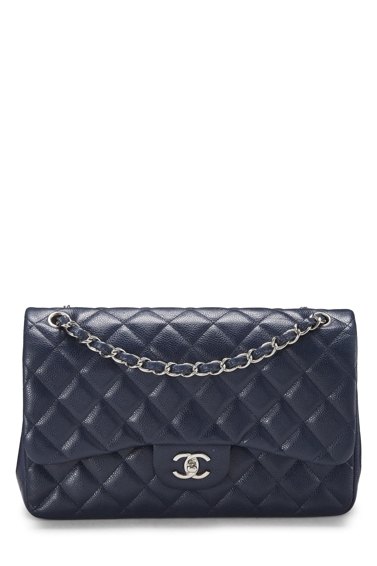 Chanel, sac à main jumbo à double rabat matelassé bleu marine, d'occasion, New Classic, bleu marine