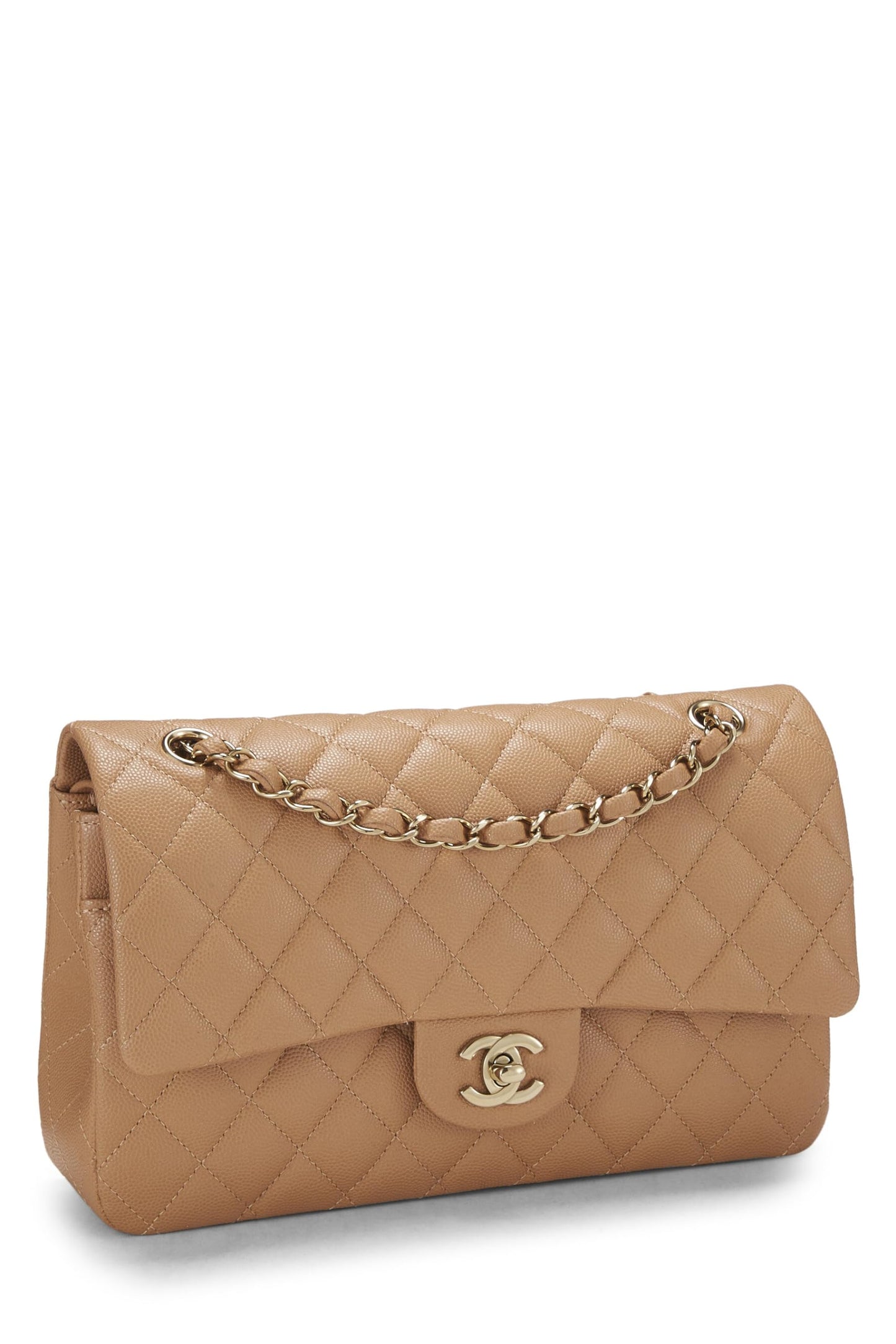 Chanel, sac à rabat double classique matelassé beige caviar d'occasion, taille M, beige