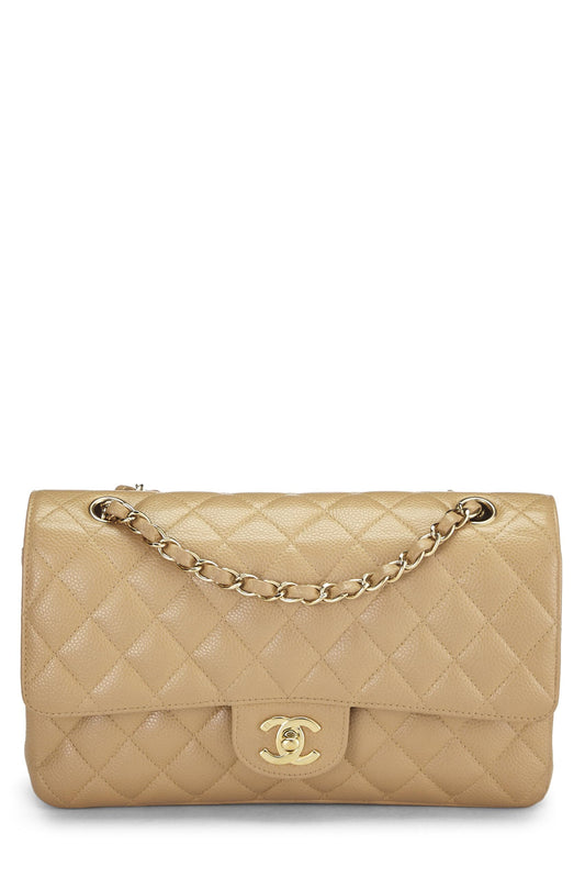 Chanel, sac à rabat double classique matelassé beige caviar d'occasion, taille M, beige