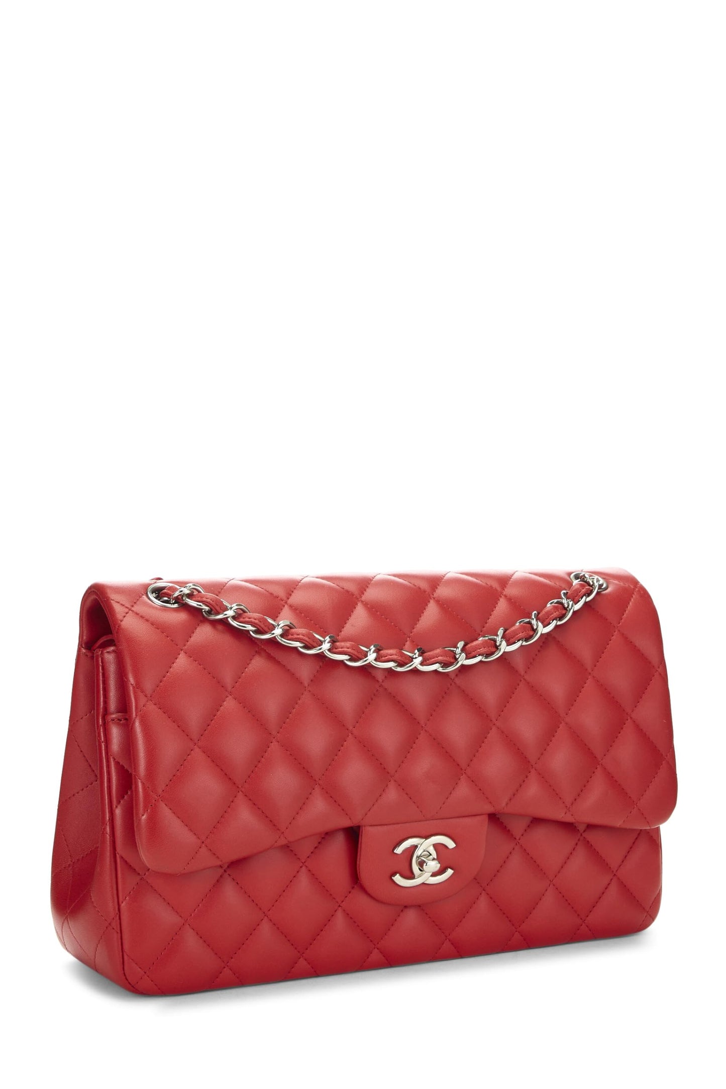 Chanel, Piel de cordero acolchada roja Pre-Loved New Classic Jumbo con doble solapa, Rojo