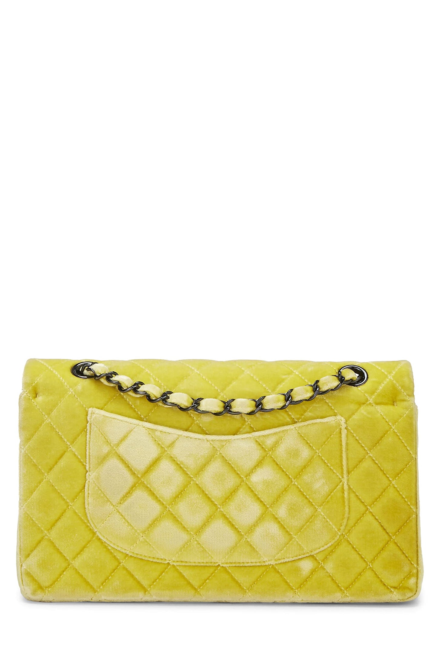 Chanel, sac à rabat double classique en velours matelassé jaune d'occasion, taille M, jaune