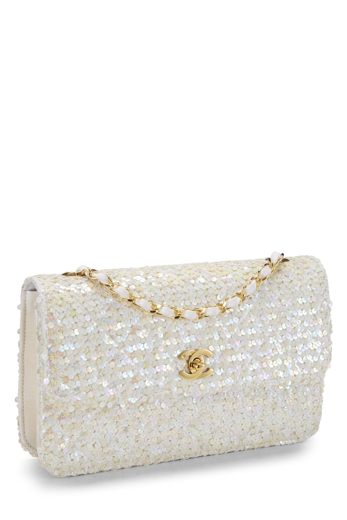 Chanel, sac à rabat demi-taille à sequins blancs d'occasion, taille moyenne, blanc