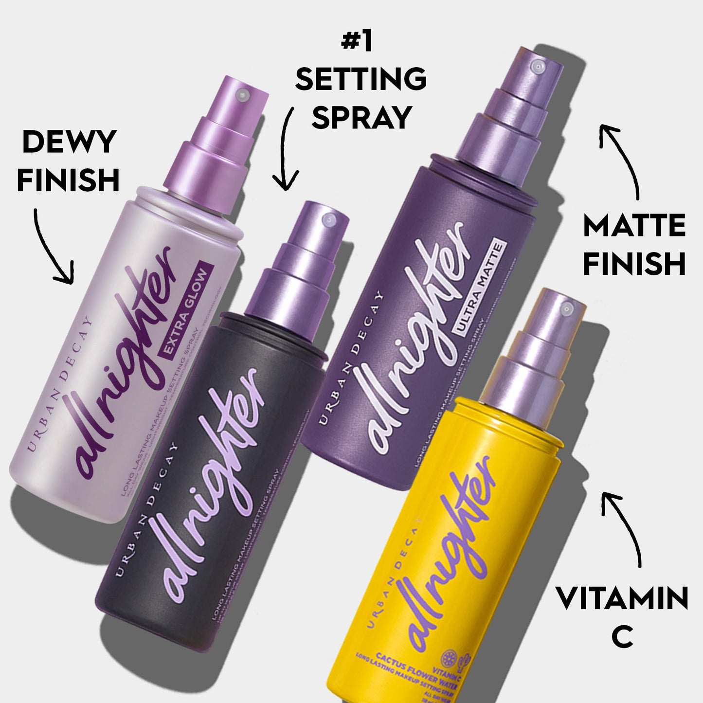 Spray fixateur de maquillage hydratant à la vitamine C All Nighter d'Urban Decay pour le visage (format standard), résistant au transfert, imperméable, tenue 16 heures, vitamine C et eau de fleur de cactus, finition illuminée - 4 fl oz