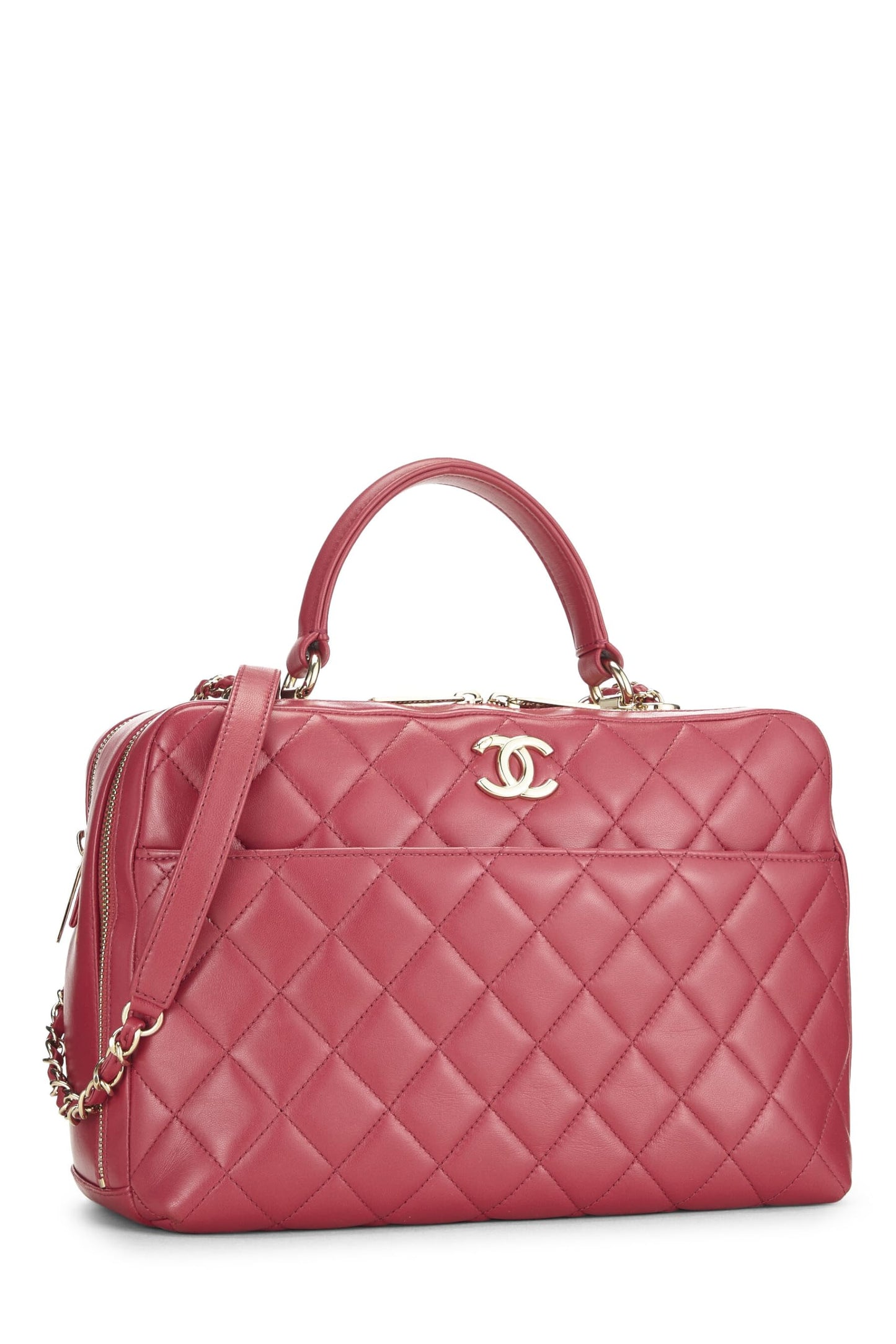 Chanel, sac bowling tendance « CC » en cuir d'agneau matelassé rose, grand modèle, d'occasion, rose