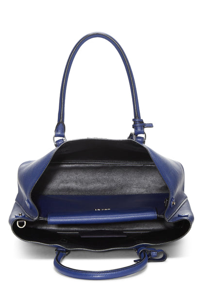 Prada, sac fourre-tout double moyen en cuir Saffiano bleu d'occasion, bleu