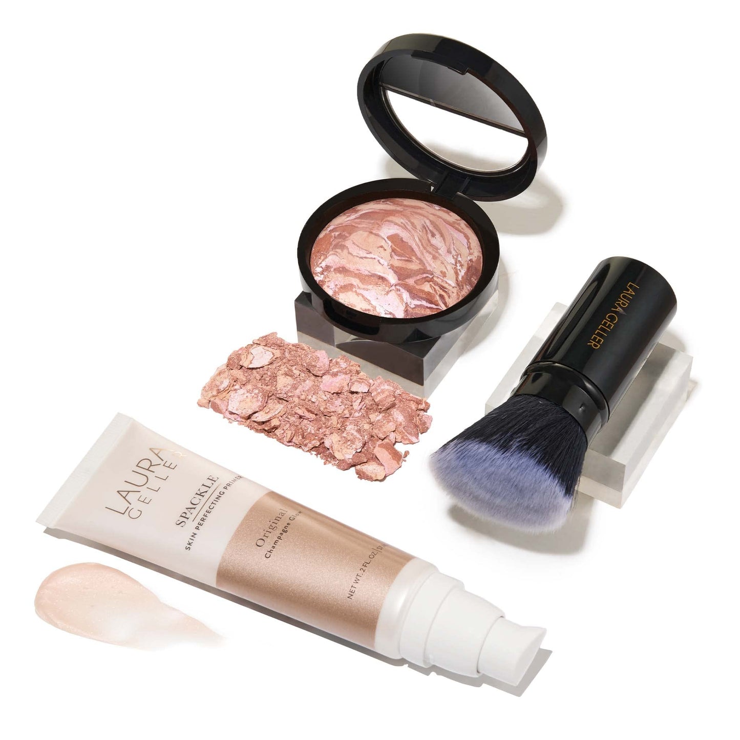 Coffret Ready-n-Radiant de LAURA GELLER NEW YORK (3 pièces) - Baked Bronze-n-Brighten, Fair + Spackle Super-Size Skin Perfecting Primer, Champagne Glow + Pinceau kabuki biseauté rétractable