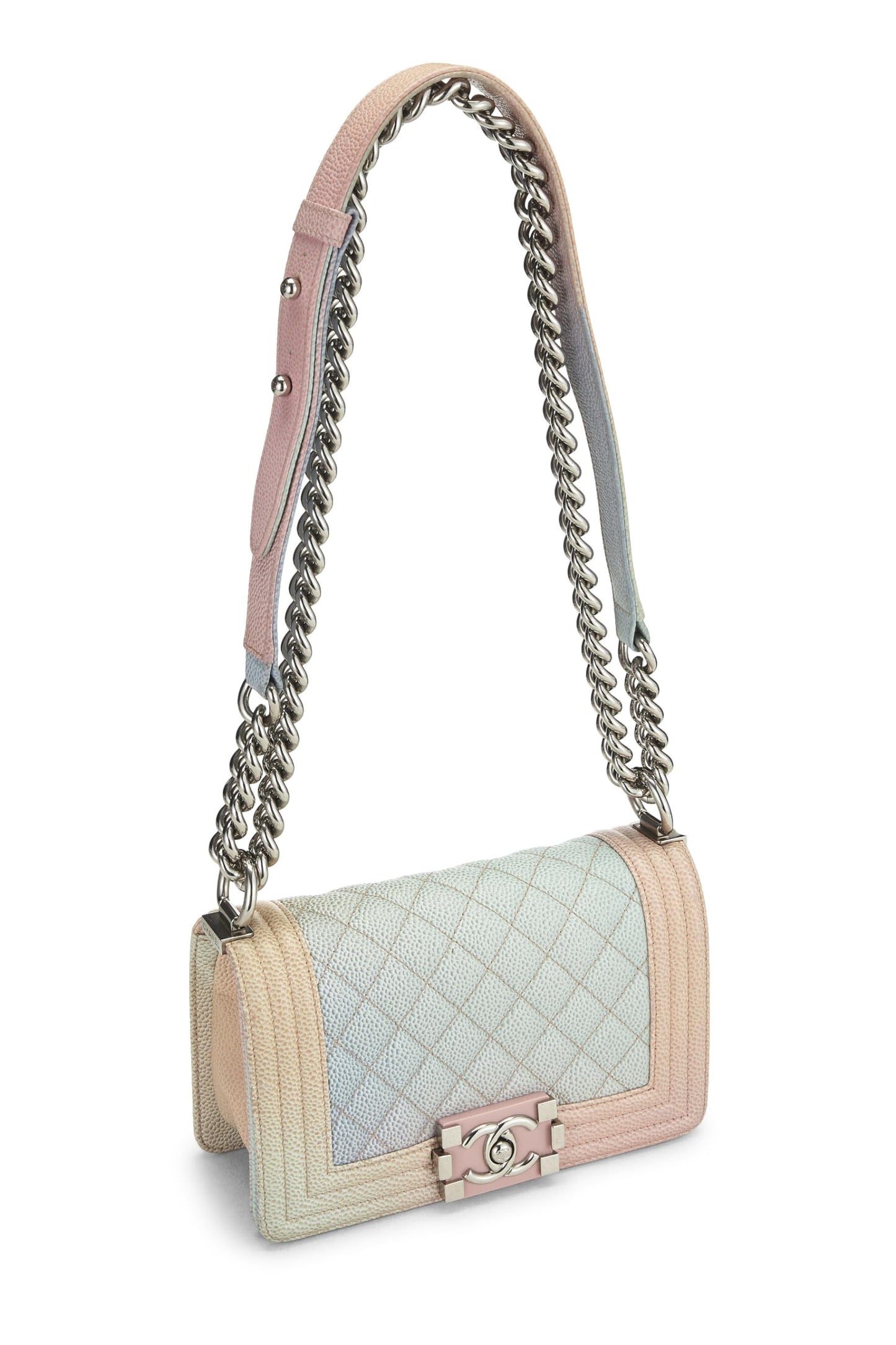 Chanel, Bolso pequeño para niño de caviar acolchado con arco iris rosa Pre-Loved, Rosa