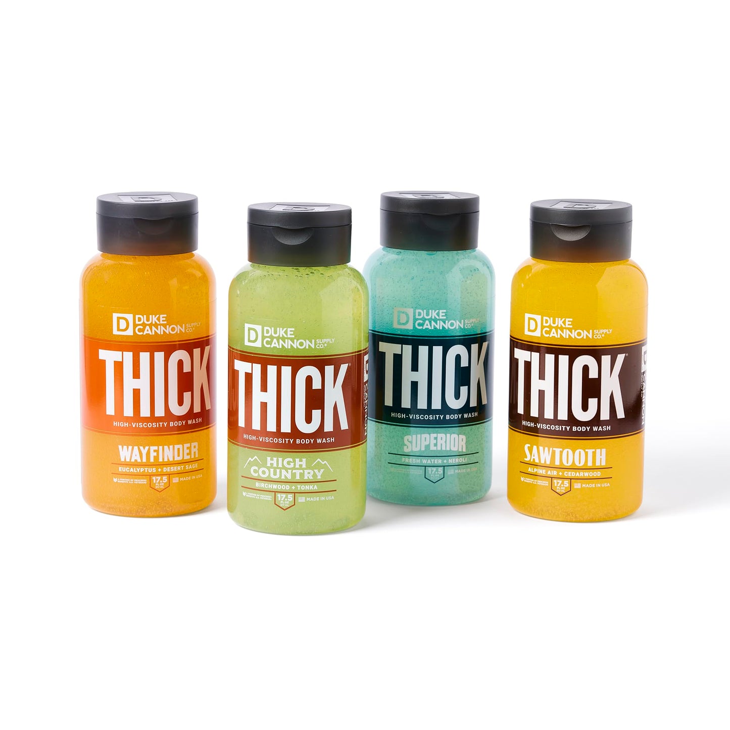 Gel de baño de alta viscosidad THICK para hombres de Duke Cannon Supply Co., variedad Scent Seeker, paquete de 4, ingredientes de primera calidad, espesantes de origen vegetal, espuma superior, exfoliante natural, 17,5 onzas líquidas (paquete de 4)