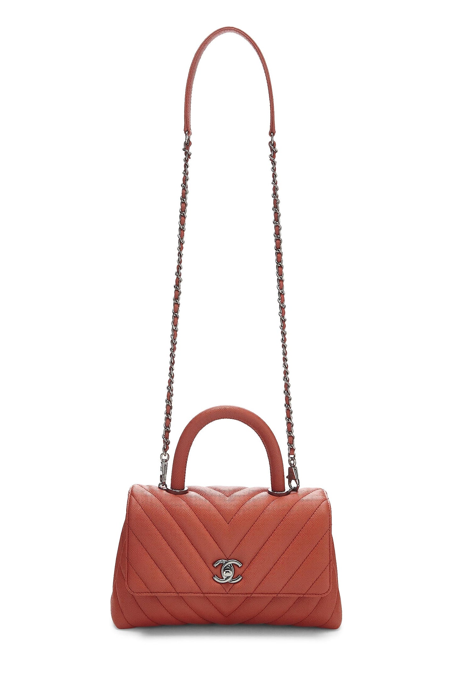 Chanel, sac à poignée en coco caviar orange chevron petit modèle d'occasion, orange